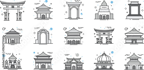 World architecture icons set with famous landmarks temples arches domes cultural buildings and global travel line illustration collection