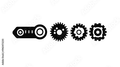 Stylized black shapes, including gears and a device, appear on a white background