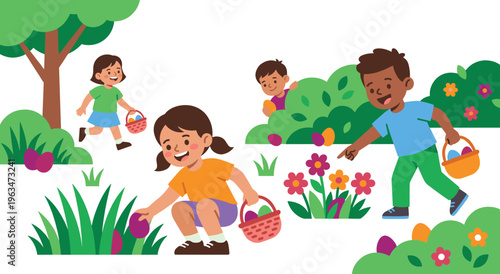 Children collecting easter eggs in park diverse group happy kids.