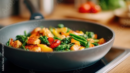 Longevity diet concept, A colorful stir-fry with shrimp, broccoli, tomatoes, and bell peppers cooking in a black skillet on a stovetop.