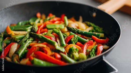 Longevity diet concept, Colorful fresh vegetables, including asparagus, bell peppers, and broccoli, being stir-fried in a black pan on a stovetop.