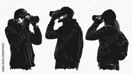 Three people use optical devices. Silhouettes against white background. People wear caps and hooded jackets