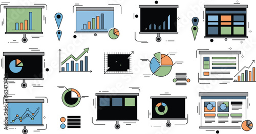 Business analytics dashboard icons set with charts graphs data visualization reports statistics and financial presentation elements