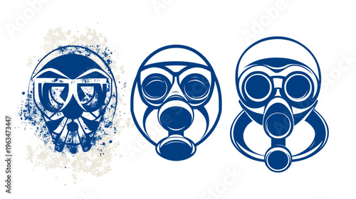 Three stylized, dark-blue gas mask designs against a white background, each having a unique look