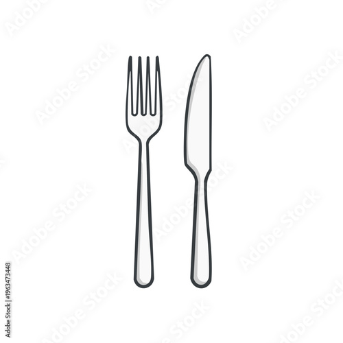 Simple line art fork and knife side by side illustration on white background