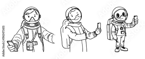 Space tourist set with doodle style illustration of a tourist taking a selfie in a modern space travel theme featuring selfie, space travel, fun with white background and illustration