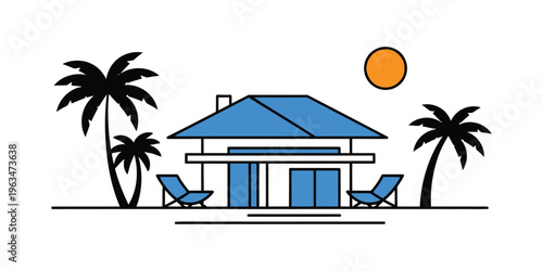 Minimalist flat vector illustration of a tropical beach house with palm trees and sun