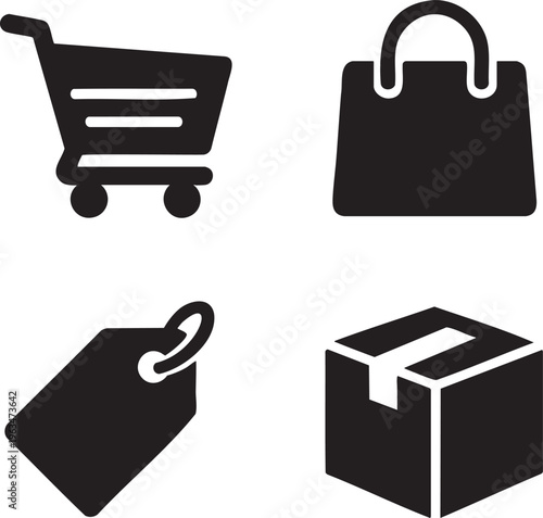Black shopping cart bag tag and box on white background trolley shoppingbag