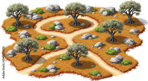 Mediterranean olive grove landscape vector, rural orchard with winding dirt paths and grey stones, dry summer field with olive trees and green bushes