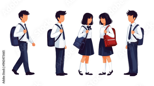 Backpack and Uniform: Students with school uniforms and backpacks gather, ready to learn, and interact in a bright learning environment.