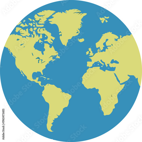 Blue and yellow globe icon showing world continents, simple flat vector Earth illustration