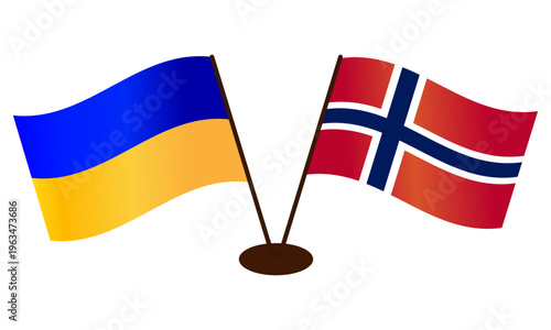 Developing flags of Ukraine and Norway, standing on the same stand