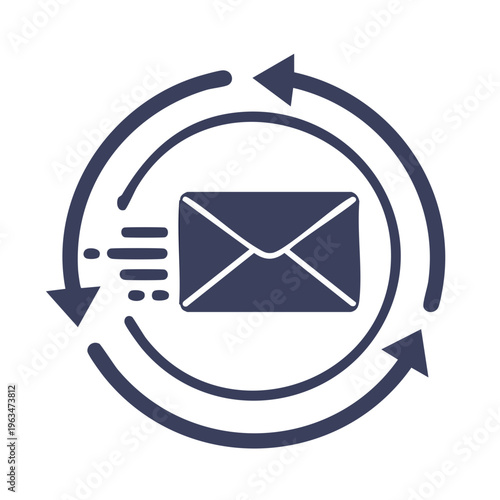 Email communication loop with mail icon and circular arrows in dark blue