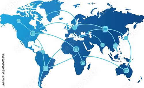 Blue world map with global connection lines and network nodes, international communication and business concept, vector illustration