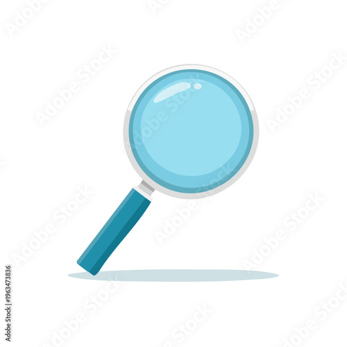 Magnifying glass with blue lens and handle, isolated on white background, vector illustration