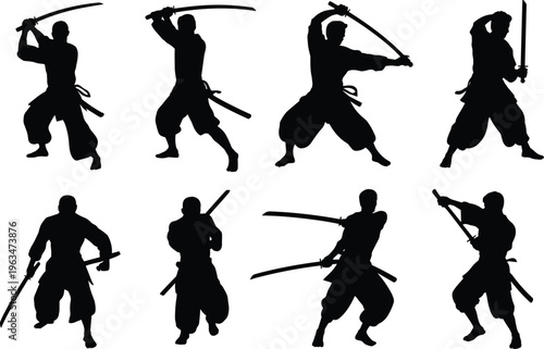 Samurai silhouettes with katana swords in various combat poses isolated on white background, Japanese warriors vector illustration set for martial arts and action design