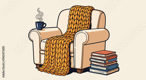 Cozy armchair with knitted blanket, steaming coffee cup, and stack of books, hygge concept