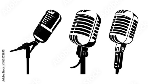 Retro vintage microphone vector on white background. Mic silhouette. Music, voice, record icon. Recording studio symbol. Flat stye vector illustration set with simple line art design featuring simp...