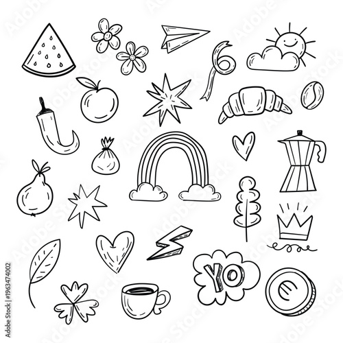 Hand-drawn collection of miscellaneous doodle icons including food, nature, and symbols on white