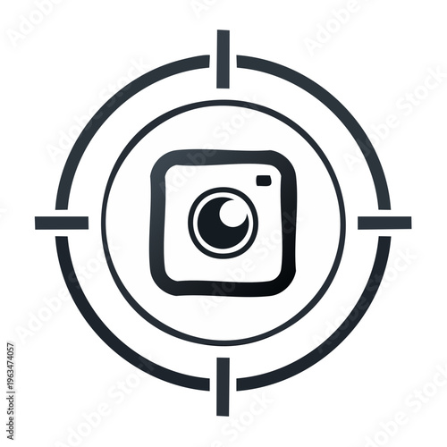 Camera icon in a crosshair target symbol, concept of photography, aiming and focus