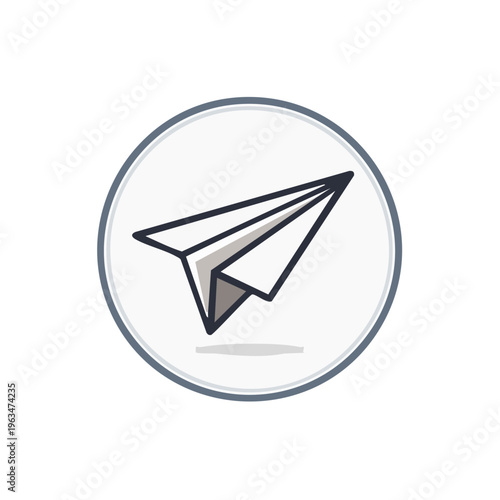 Simple paper airplane icon flying in a circular frame, modern vector illustration