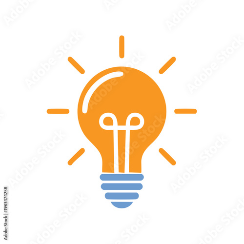 Bright Orange Light Bulb Icon with Filament and Rays of Light