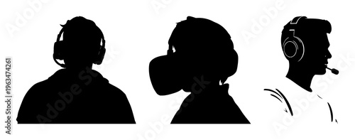 Solid black silhouette of a professional e-sports player with a headset, modern career theme, clean sharp edges, white background. set with simple line art design featuring outline, illustration, g...