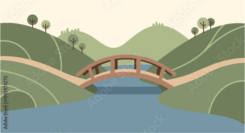 Serene Japanese bridge in rolling green hills with soft natural lighting for landscape design