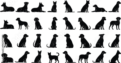 Dog silhouette collection vector, multiple canine poses sitting standing lying, pet animal icons set, black design isolated, diverse breeds illustration