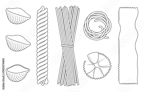 Assortment of Illustrated Pasta Shapes on White Background