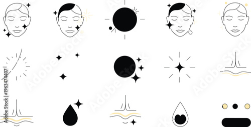 Skincare results icons set with glowing skin acne removal pores hydration smooth texture and facial beauty improvement concepts