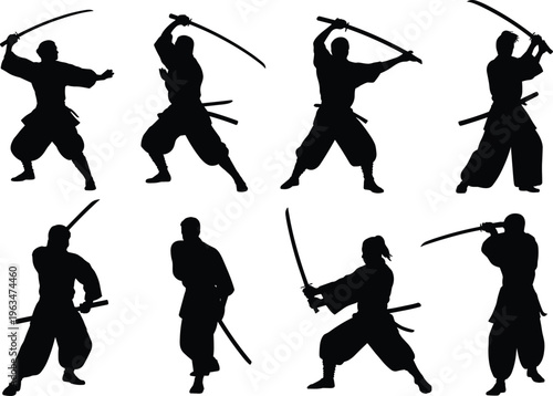 Samurai warrior silhouettes with katana swords in dynamic combat poses isolated on white background, Japanese fighters vector illustration set for martial arts design
