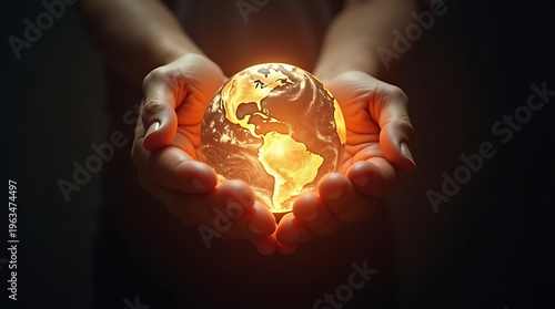 AI Generated Glowing Earth in Human Hands – Climate Change, Sustainability and Global Protection Concept