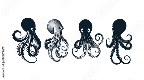 A stylized illustration depicting four octopuses in varying poses, each with intricate details on the tentacles
