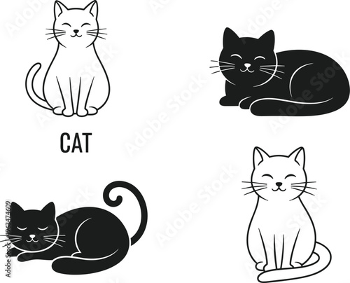 Cat illustration set, cute feline silhouettes and line art poses, sleeping sitting kitten icons, minimalist vector pet design collection