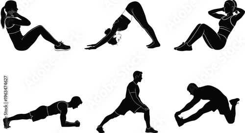 Silhouette of various yoga and exercise poses for flexibility and strength