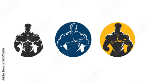 Three minimalist illustrations of a muscular male figure inside of a circle with a white background