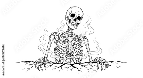 Scary Skeleton Emerging from Cracked Ground with Roots and Smoke, Isolated White Background
