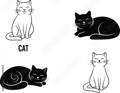 Cat illustration collection, cute feline silhouettes and line art poses, sleeping sitting kitten icons, minimalist vector pet design set