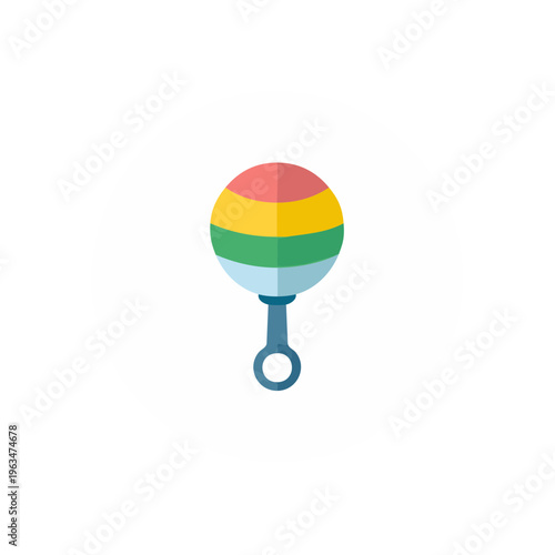 Colorful baby rattle toy icon with a blue circle frame for infant playtime and early childhood development