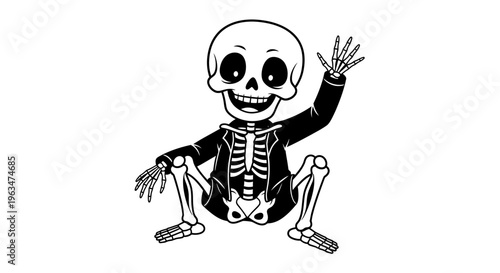 Tableau sur toile Friendly Cute Cartoon Skeleton Character Sitting and Waving Hand, Isolated White Background