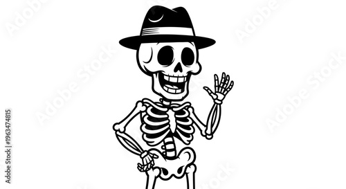 Friendly Cartoon Skeleton Character in Fedora Hat Waving Hand on Isolated White Background