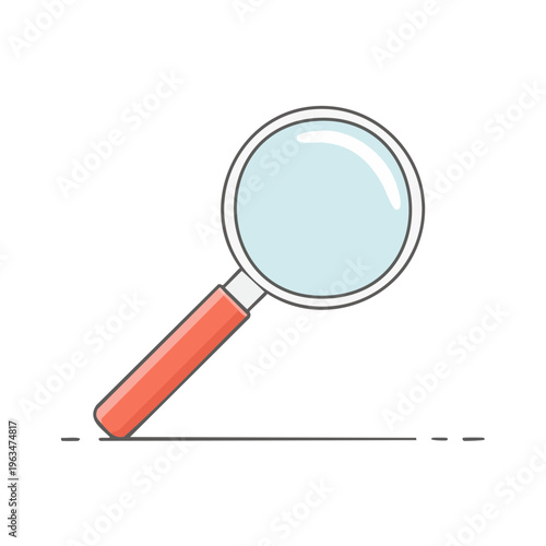 Stylized magnifying glass with red handle and transparent lens searching