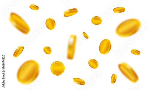 Realistic gold coins. Explosion of golden coins isolated on transparent background. Coins burst and explode wealth, jackpot, treasure, and finance concept