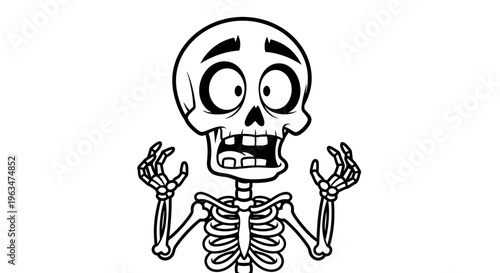 Amazed cartoon skeleton with a surprised expression and hands raised on an isolated white background.