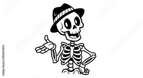 Stylish Cartoon Skeleton Character in Fedora Hat Presenting on Isolated White Background