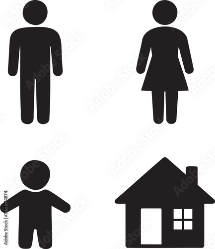 Black silhouette of man woman child and house on white background male