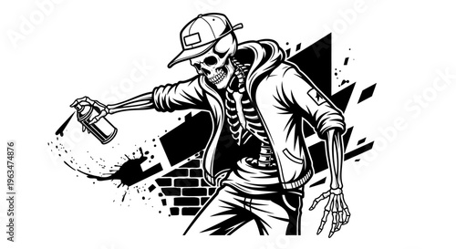 Cool Skeleton Character Spray Painting Graffiti in Urban Street Style