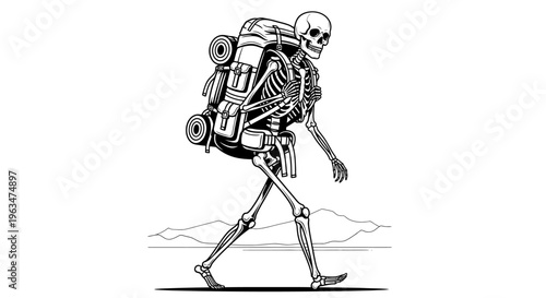 Skeleton hiker with backpack walking on an isolated white background.