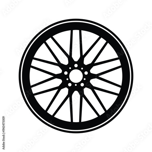 Minimalist Black and White Multi-Spoke Car Alloy Wheel Rim Vector Icon 